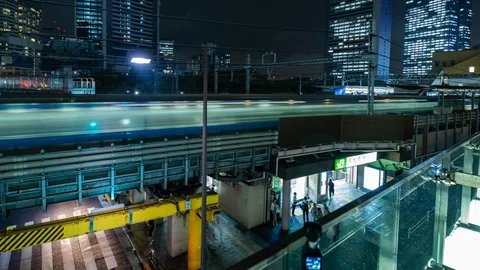 4K Train Light Trails At Hamamatsucho Station, Tokyo Stock Footage 112468597