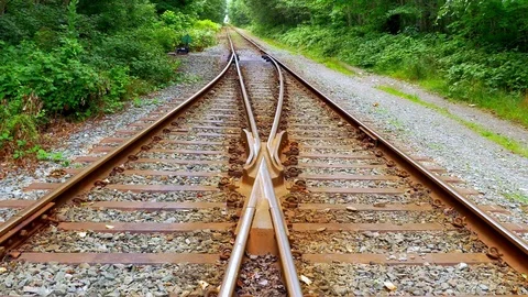4K Train Tracks Railroad, Background Tracks Diverge and Split Stock Footage 72843859