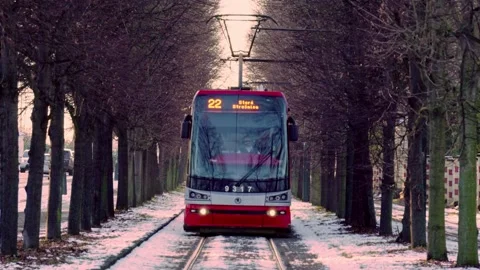 4K Tram Front view in Prague in snow during winter Stock Footage 147411106