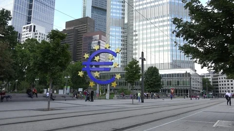 4K Tramway pass in financial district Frankfurt modern building Euro sign icon Stock Footage 70223018