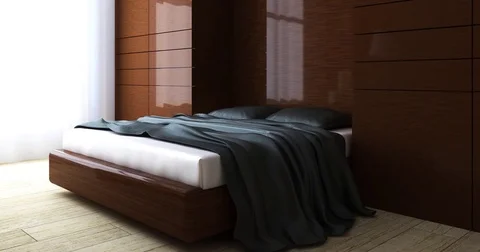 4k. Trendy bedroom in classical style with a large comfortable bed. 스톡 동영상 73259665