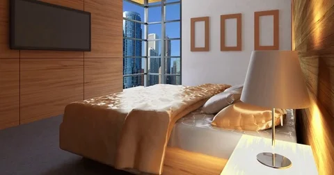 4k. Trendy bedroom in classical style with a large comfortable bed. Stock Footage 73259716