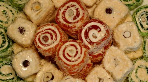 4k – Turkish delight – 3 different types on plate 01 Stock Footage 56060171