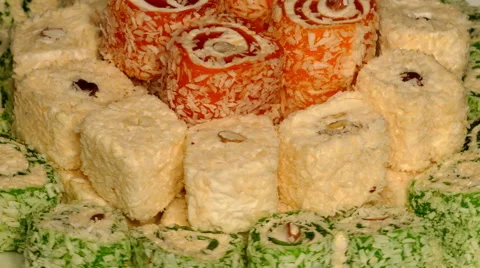4k – Turkish delight – 3 different types on plate 02 Stock Footage 56061336