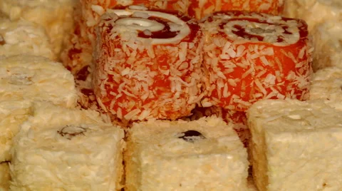 4k – Turkish delight – 3 different types on plate 03 Stock Footage 56062559