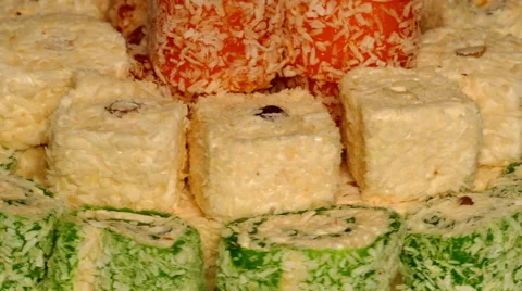 4k – Turkish delight – 3 different types on plate 04 Stock Footage 56063715