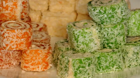 4k – Turkish delight – 3 different types pyramids on plate Video stock 56133203