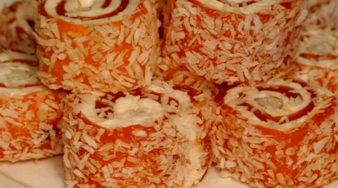 4k – Turkish delight with nuts and coconut shaving on plate 04 Stock Footage 56100719