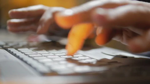 4k Typing text or programming code at retro white laptop by mans hands close-up Stock Footage 85701204