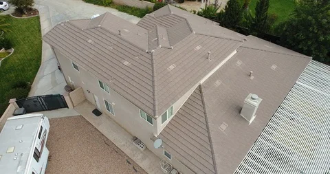 4k UAV Drone Crane Flight Surveys Residential House Roof Tile Inspection Stock Footage 116987860