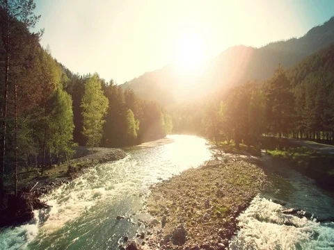 4k UHD aerial view. Low flight over fresh cold mountain river at sunny summer Stock Footage 79026699