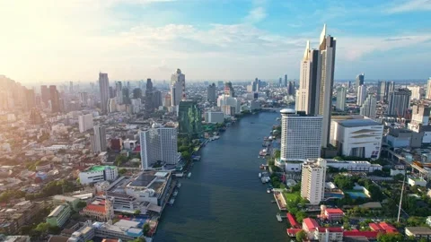 4K UHD : Aerial view over the Chao Phraya River and Buildings of Bangkok Stock Footage 172299472