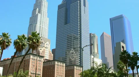 4K, UHD, Buses cross intersection in Los Angeles Downtown, BlackMagic Camera Video stock 45622282