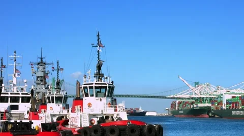 4K, UHD, Cargo Container Ship and Pusher Tugs in The Sea Port of Los Angeles Stock Footage 56247253