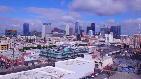 4K UHD Drone view of Los Angeles skyline flying forward Stock Footage 72312015