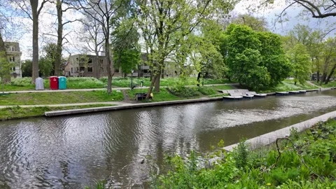 4K UHD dynamic handheld shot along Utrecht canal with leafy trees Vídeos de archivo 347200599