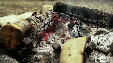 4K UHD MS Campfire Embers Smoking Stock Footage 70209517