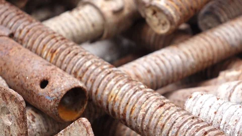 4K UHD Pile of Rusty Threaded Steel Rods Stock Footage 108189217