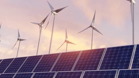 4K UHD Power generation by wind turbines and solar panels. Animation Stock Footage 125051870