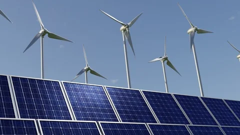 4K UHD Power generation by wind turbines and solar panels. Animation Stock Footage 125051902