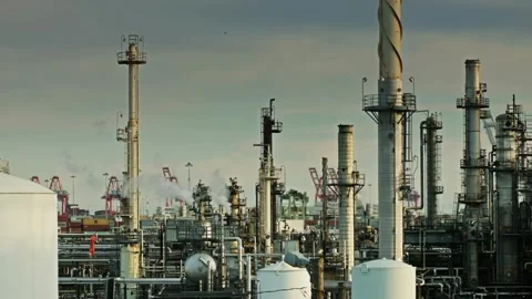 4K UHD resolution drone Hyperlapse of oil refinery plant chemical factory and Stock-Footage 256668978