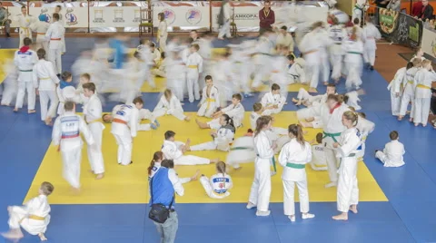 4K UHD RIGA, LATVIA - MAY 07, 2016: Judo kids training before KYODAI competition Stock Footage 63174403