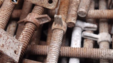 4K UHD Rusted Industrial Threaded Metal Rods Stock Footage 108191368