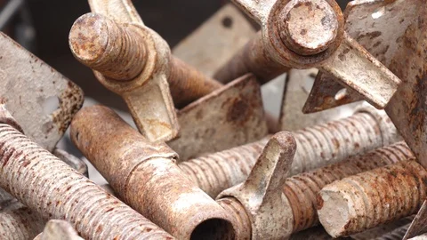 4K UHD Rusty Threaded Steel Rods Detail Stock Footage 108189612