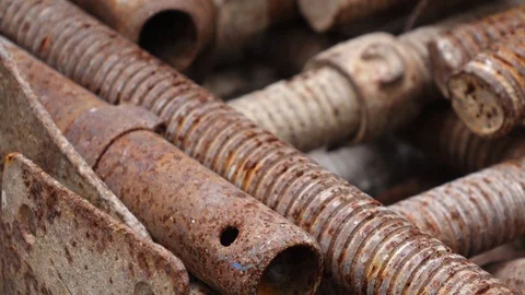 4K UHD Rusty Threaded Steel Construction Rods Stock Footage 108189617
