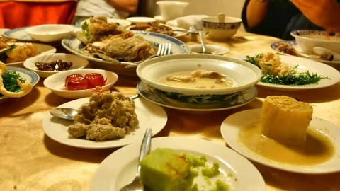 4K UHD Seamless loop - fried fish, soup and stir-fried vegetables Stock Footage 83121425