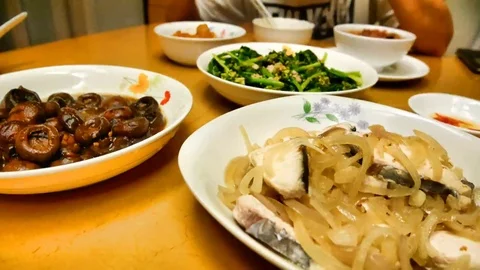 4K UHD Seamless loop - stir-fried fish fillet, braised mushrooms, vegetables Stock Footage 83117997