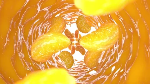 4k UHD tangerines rolling through an orange liquid fluid Video stock 164029733