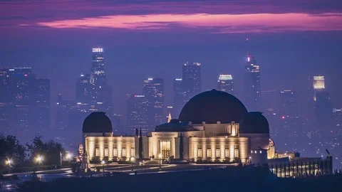 4K UHD Time Lapse of Griffith Observatory with Downtown Los Angeles Morning Sunr Stock Footage 84522597