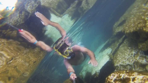 4K UHD  time-lapse of a men swimming on cristal clear water with a snorkeling ma Stock Footage 98248325