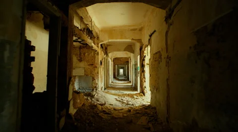 4K UHD Walking through an abandoned long corridor,steadicam/gimbal Video stock 58616821