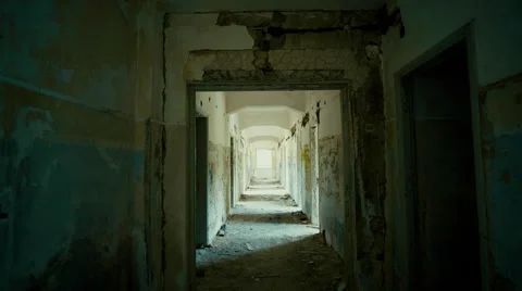 4K UHD Walking through an abandoned long corridor,steadicam/gimbal Video stock 63520944