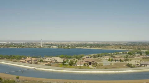 4K UHD Wide High View of Lake Town in Desert Palmdale Stock Footage 62358502