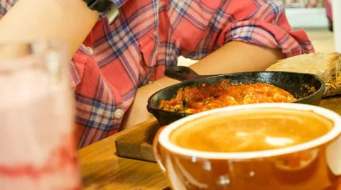 4k Ultra HD time lapse video on eating baked egg, milkshake, coffee(TL-MEAL 70) Stock Footage