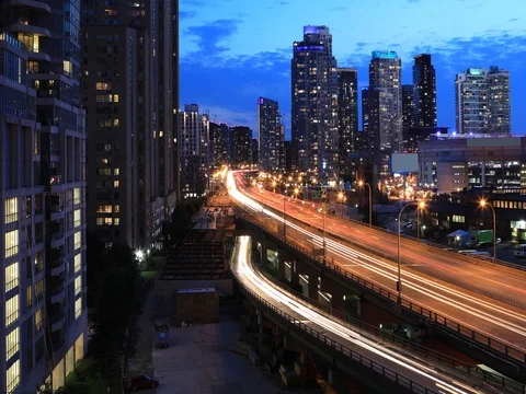 4K UltraHD A Timelapse by the Gardiner Expressway in Toronto, Canada at night Stock Footage