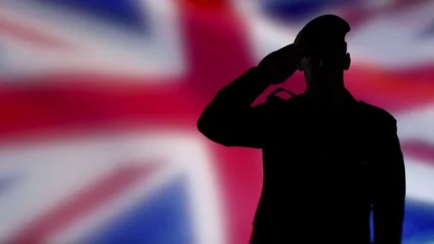 4K Union jack UK Flag, Silhouette of Solider, British England United Kingdom Stock Footage 83477531