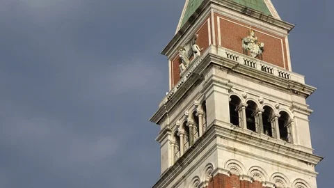 4K. Upper part of the bell tower or Campanile in the Piazza San Marco, Venice Stock Footage 105109627