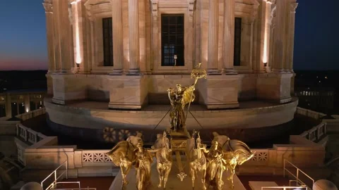 4K Upward Reverse Aerial Shot Of Statues Atop Saint Paul Capitol Building Stock Footage 223500530