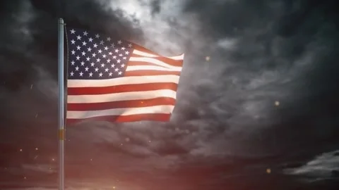 4K of US Flag Waving Against Dramatic Clouds and Fire Sparks: 3D Render Stock Footage 281279846