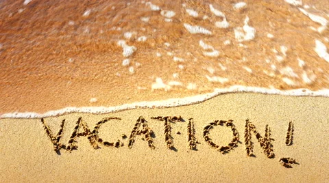 4K Vacation Written in Beach Sand, Travel Holiday Vacation, Ocean Sea Waves Stock Footage 60803864