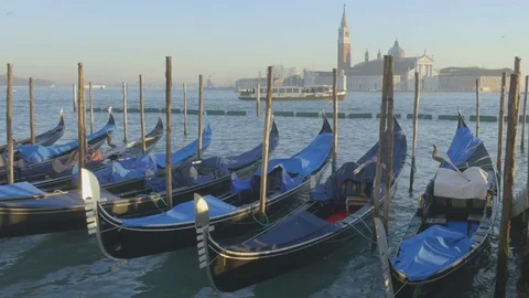 4k Venice Gondolas Tracking Shot at San Marco with Bell Tower on horizon Stock Footage 71077126