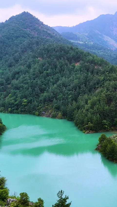 4K Vertical Aerial Drone Orbit of a Turquoise River Through Forested Mountains Stock Footage 336449854