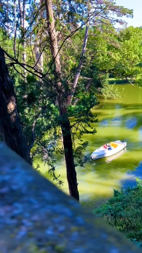 4K Vertical Castle Lake Scene in Luxembourg City with Rowing Boat Stock Footage 330597996