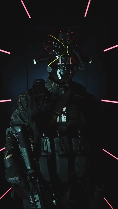 4k Vertical Shot of a Cyber Warrior with Tactical Gear In Studio 스톡 동영상 318356019