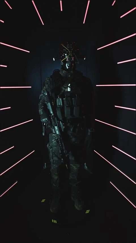 4k Vertical Shot of a Cyber Warrior with Tactical Gear In Studio Stock Footage 318356023