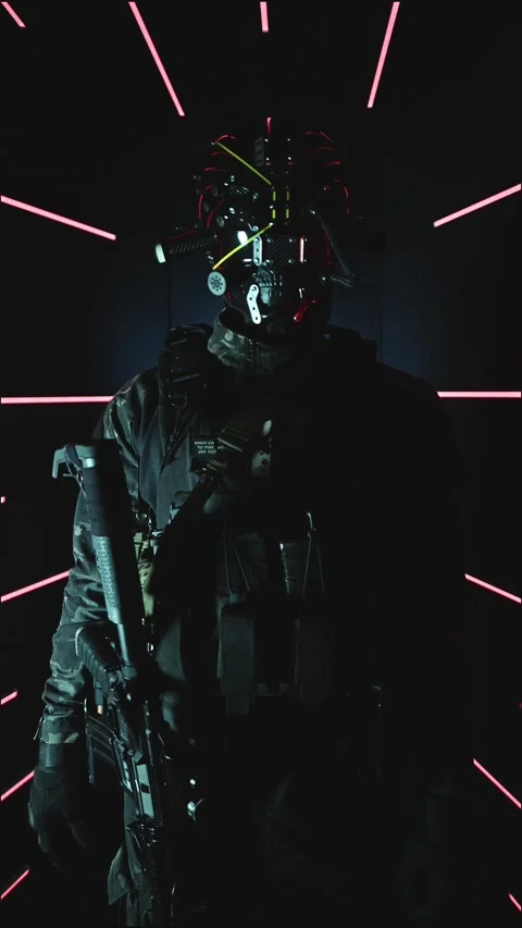4k Vertical Shot of a Cyber Warrior with Tactical Gear In Studio Stock Footage 318356037